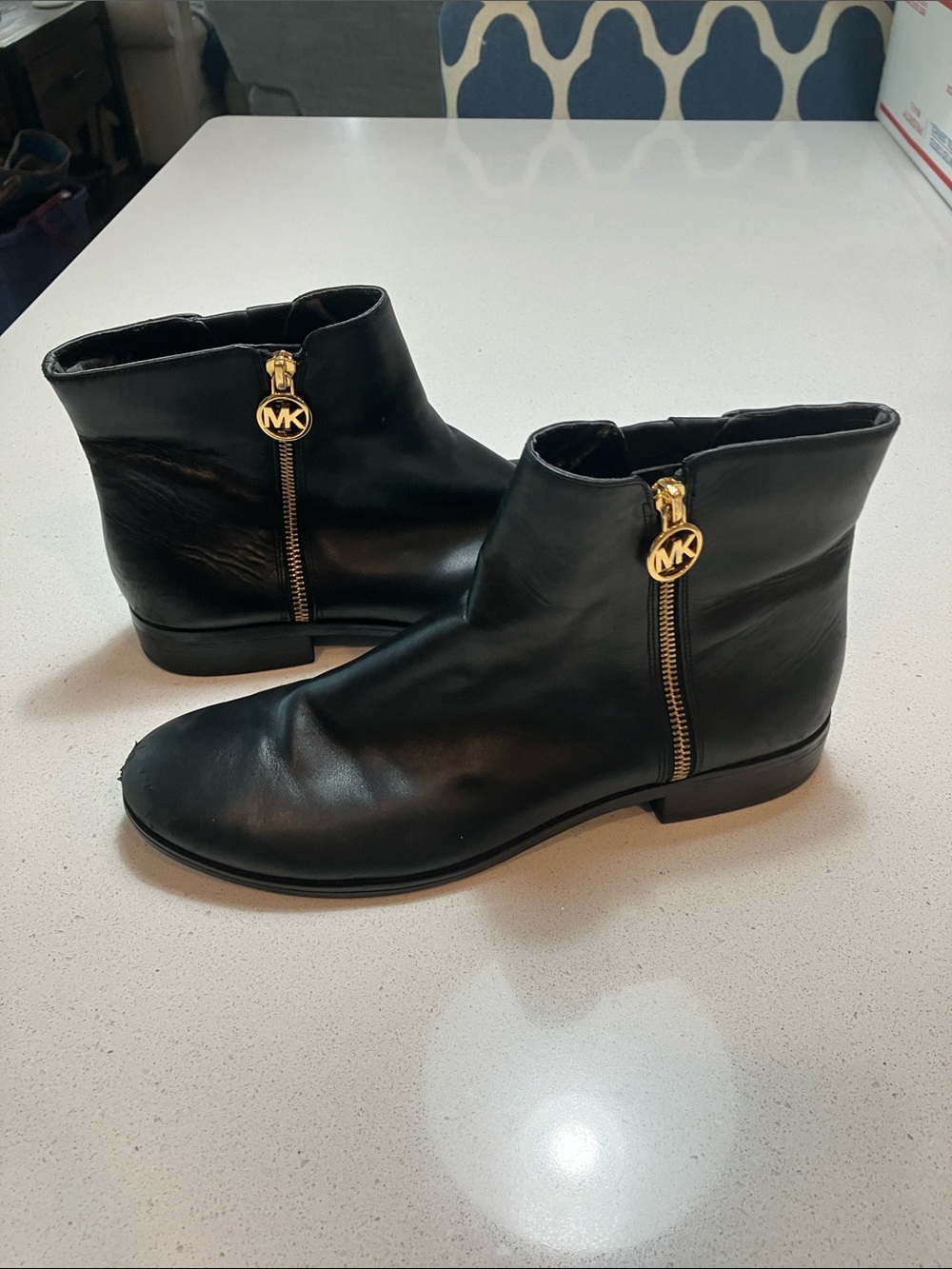 Michael Kors Black Leather Ankle Booties with Gold MK Zip size 11